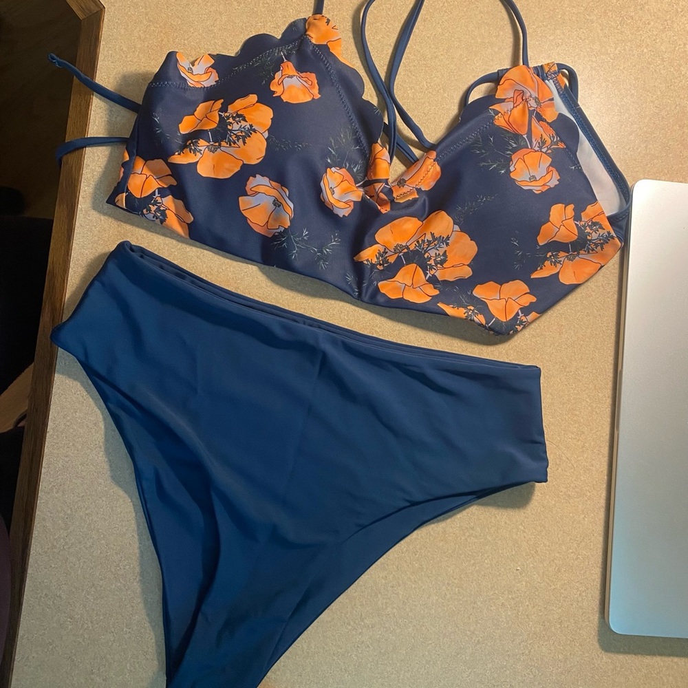 Women’s Zaful teal floral high-waisted bikini size M, new